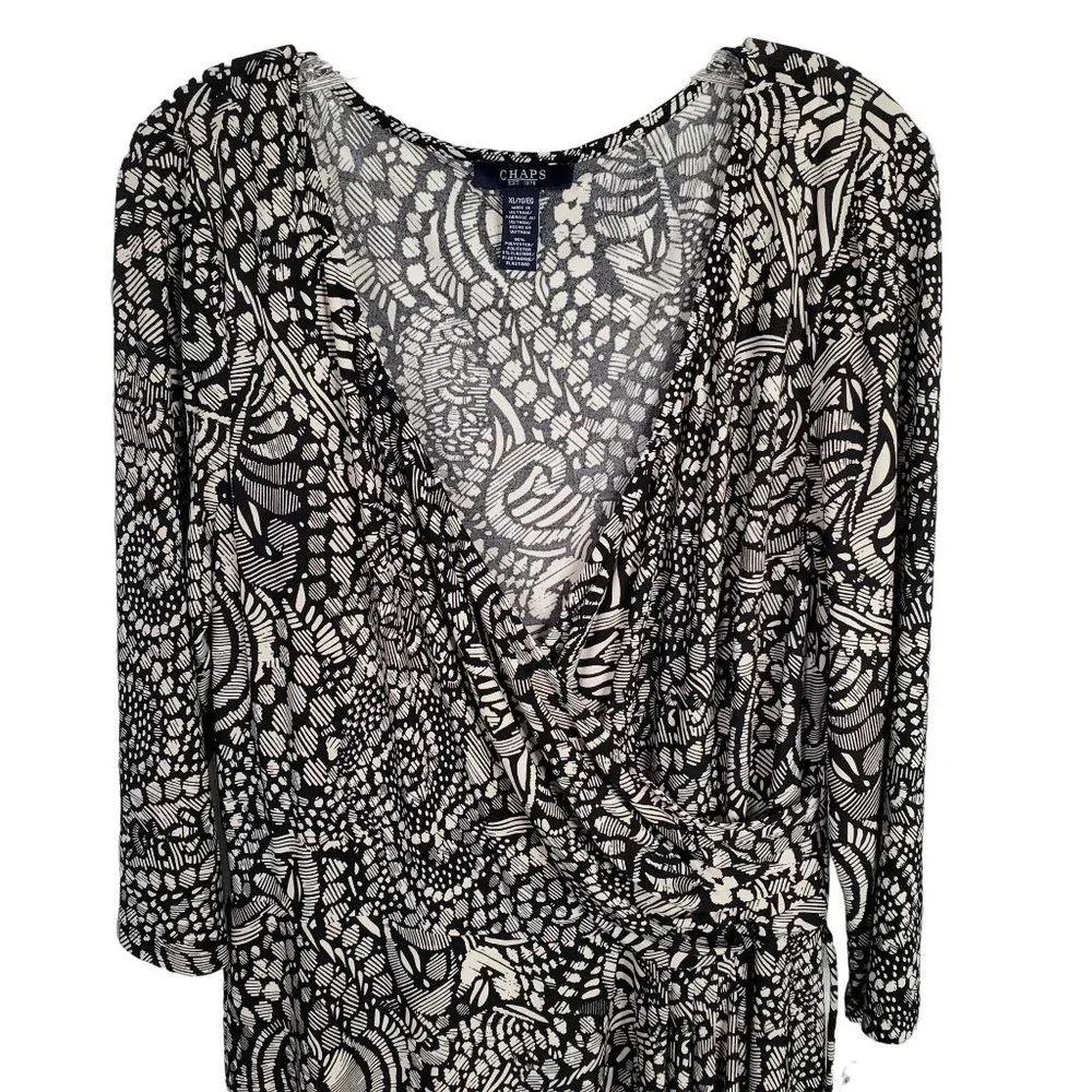 Chaps NWT Size XL Dress Jersey Knit Midi Stretch Faux Wrap Belt Abstract Black - Picture 4 of 12